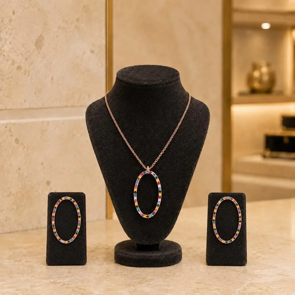 Panacea Multicolor Crystal Pave Oval Hoop Earrings Necklace Set Rose Gold Glam